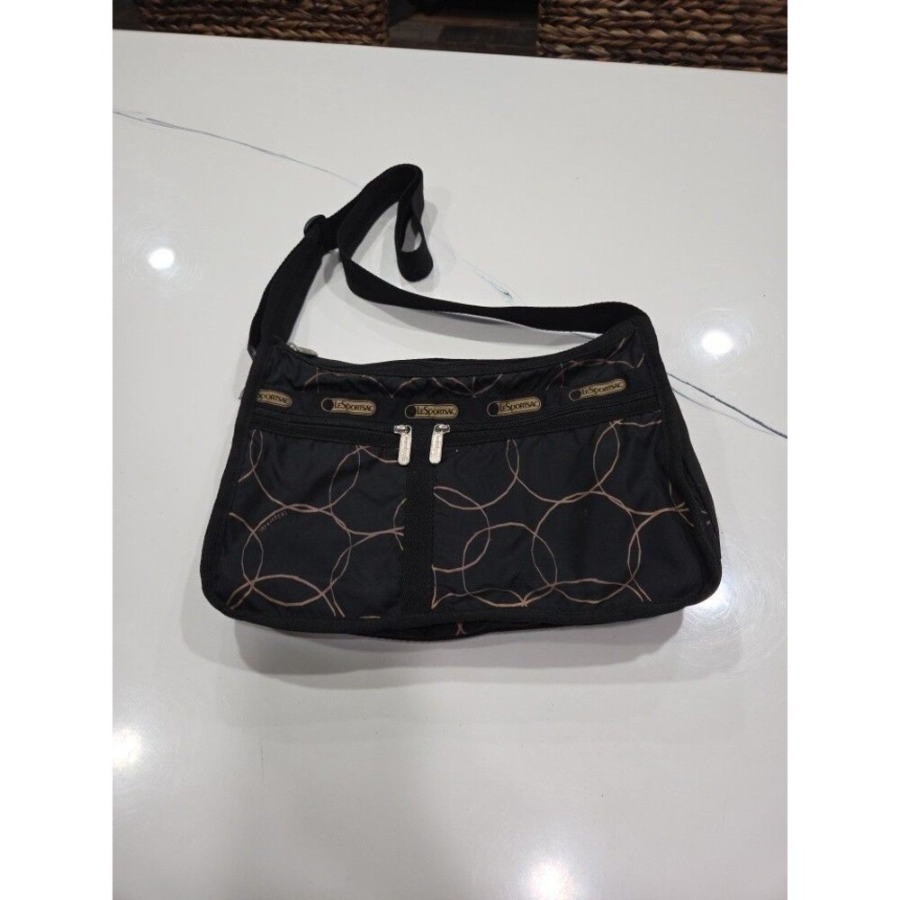 LESPORTSAC Deluxe Everyday Bag Black/gold /Brown Circles Crossbody Shoulder Bags